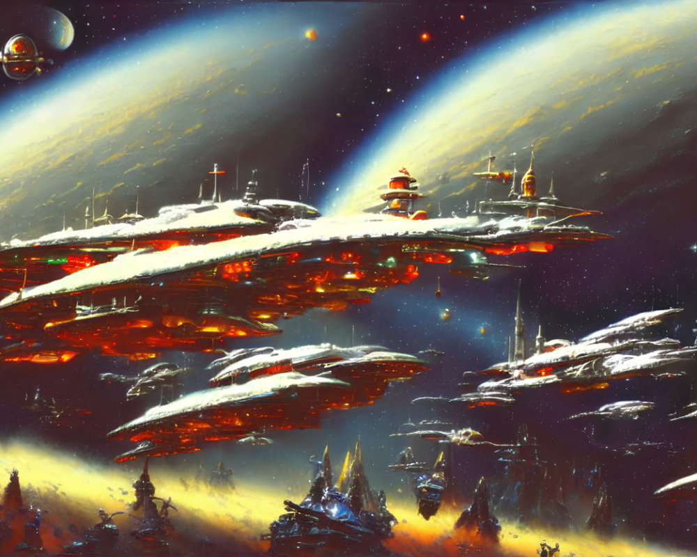 Futuristic spacecraft fleet in vibrant sci-fi scene