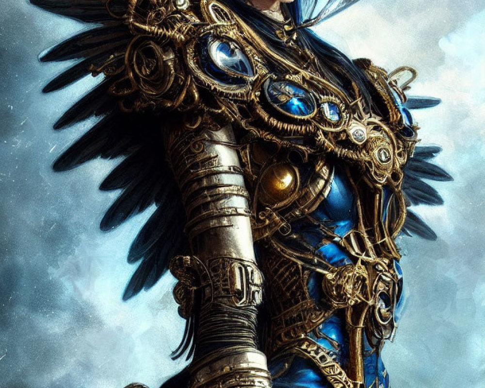 Detailed illustration of warrior in blue and gold armor under dramatic sky