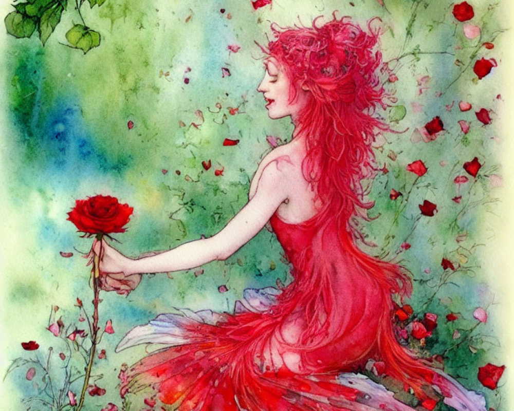 Illustration of red-haired woman in rose petal dress with drifting petals