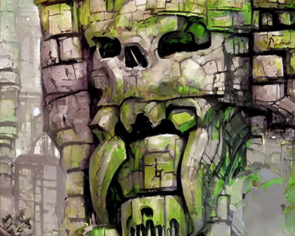 Moss-Covered Stone Structure with Skull-Like Face in Ruins