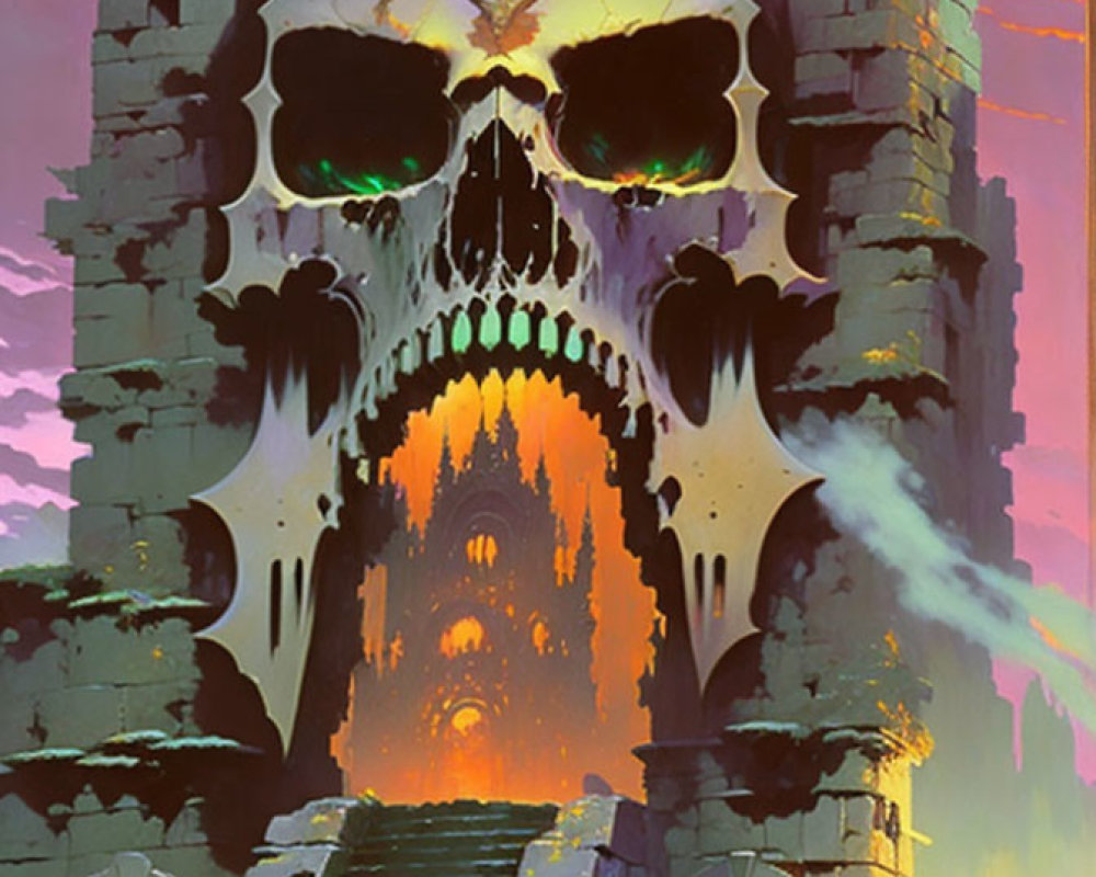 Fantasy illustration of skull-shaped castle in fiery sunset