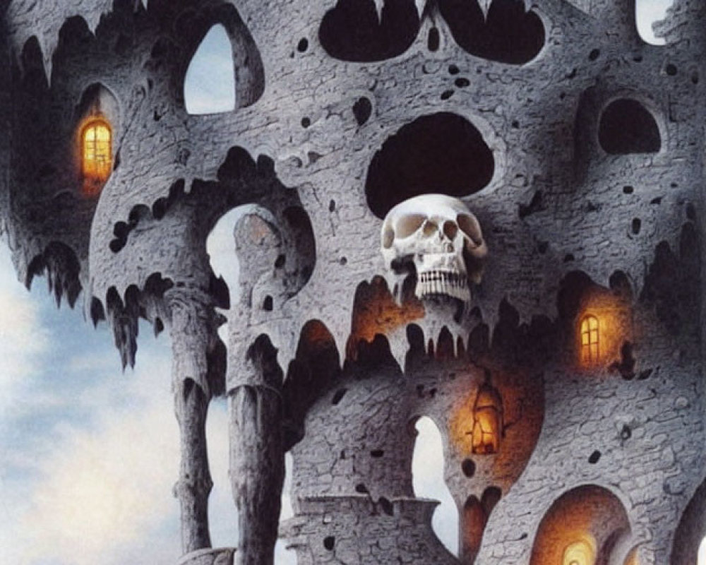 Fantastical castle with skull motifs, illuminated windows, on rocky outcrop under cloudy sky