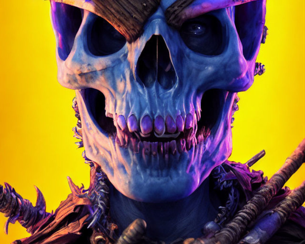 Colorful digital artwork: Skull with purple horns on yellow background