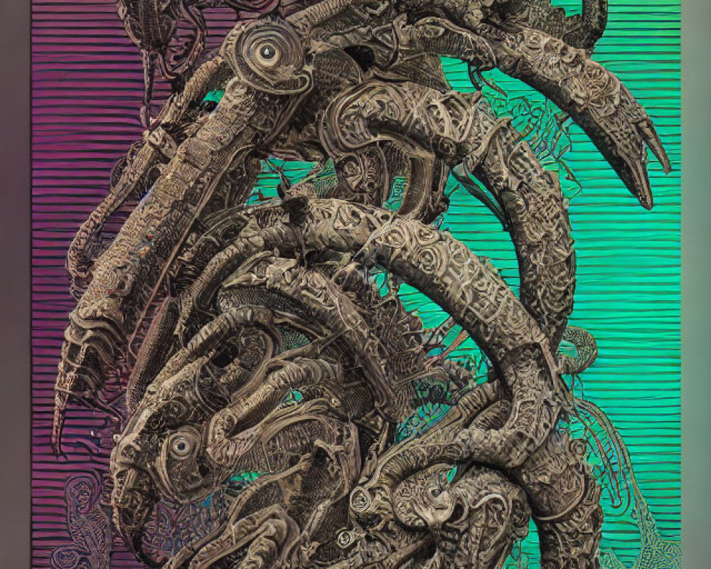 Intricate Metallic Serpentine Sculpture on Holographic Green-Purple Background