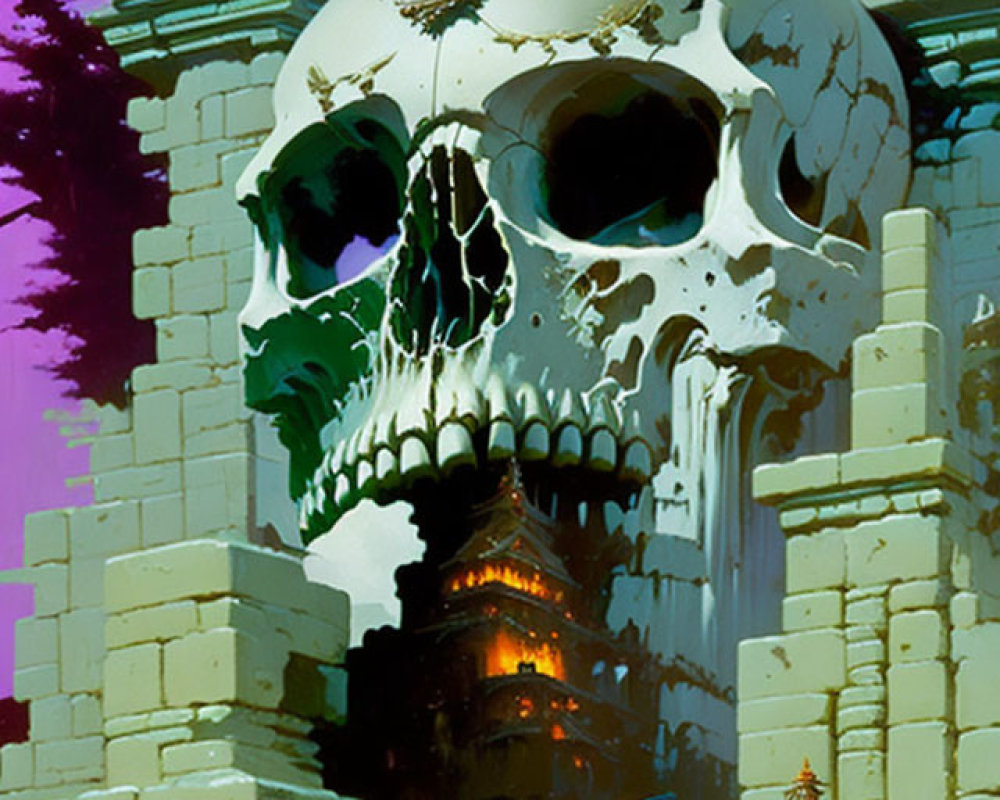 Giant skull with crown on ruin, armored figure in mysterious green setting