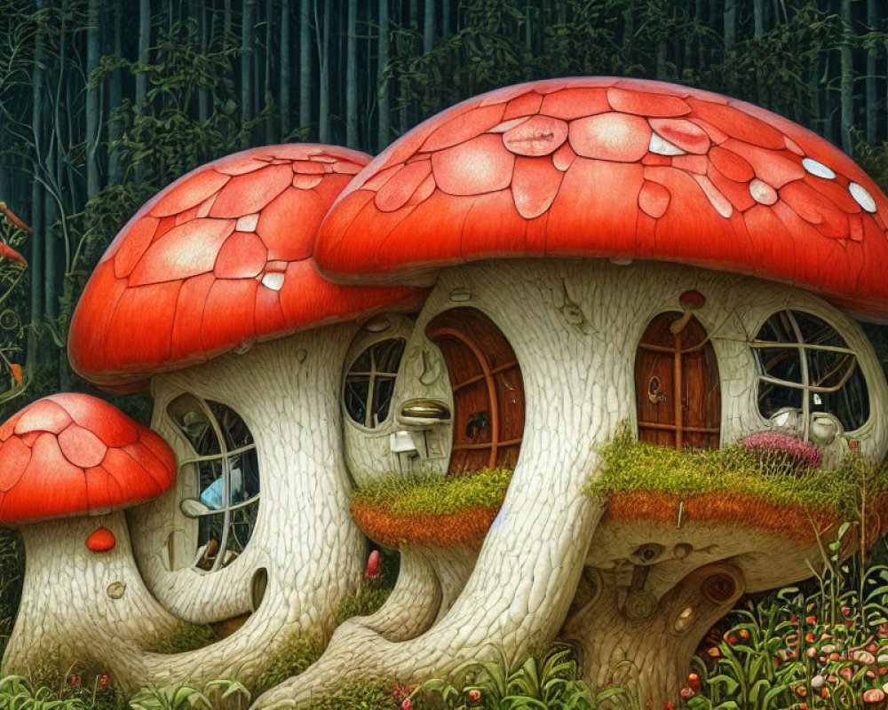 Whimsical mushroom houses illustration in greenery and bamboo