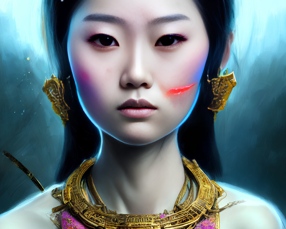 Detailed digital portrait of woman in golden armor with blue neon glow.