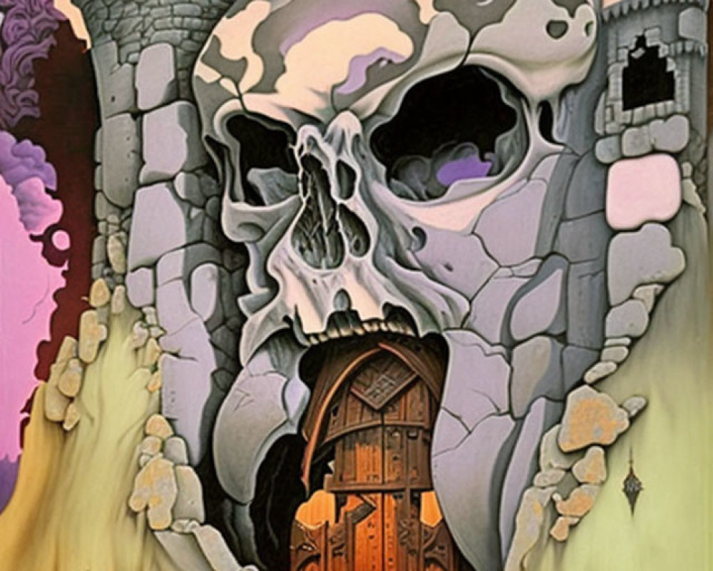 Fantasy castle with skull-shaped rock, wooden door, turrets, and purple clouds