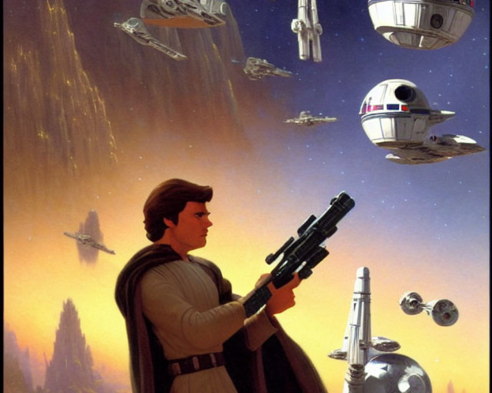 Space-themed illustration featuring a man in a cape, blaster, R2-D2, and spacecraft