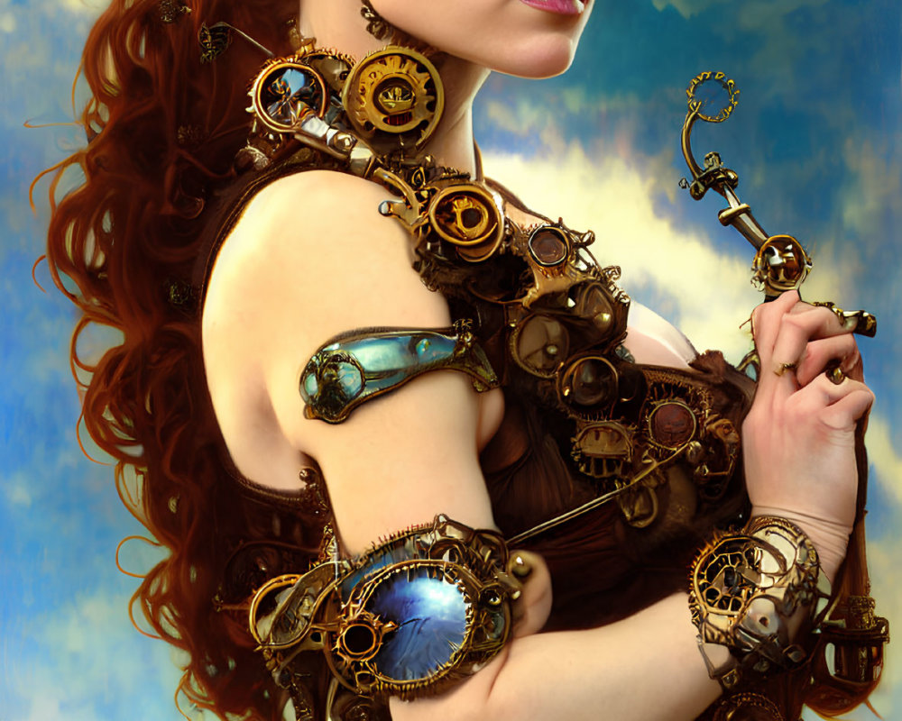 Digital painting of woman with steampunk gear & mechanical armlet