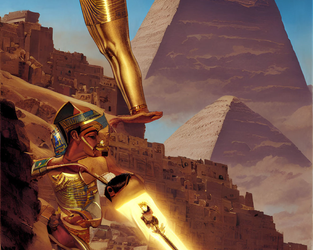 Giant Egyptian Pharaoh Figures in Golden Armor Firing Laser Beam at Pyramid