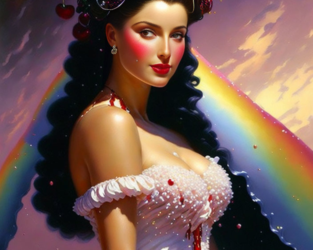 Colorful portrait of a woman with fruit headdress and rainbow backdrop