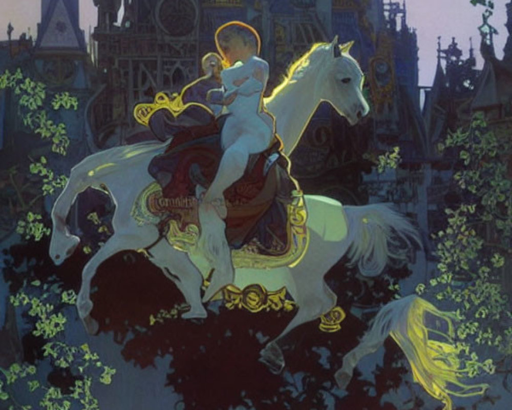 Golden-armored knight on white horse in forest with gothic castle at dusk