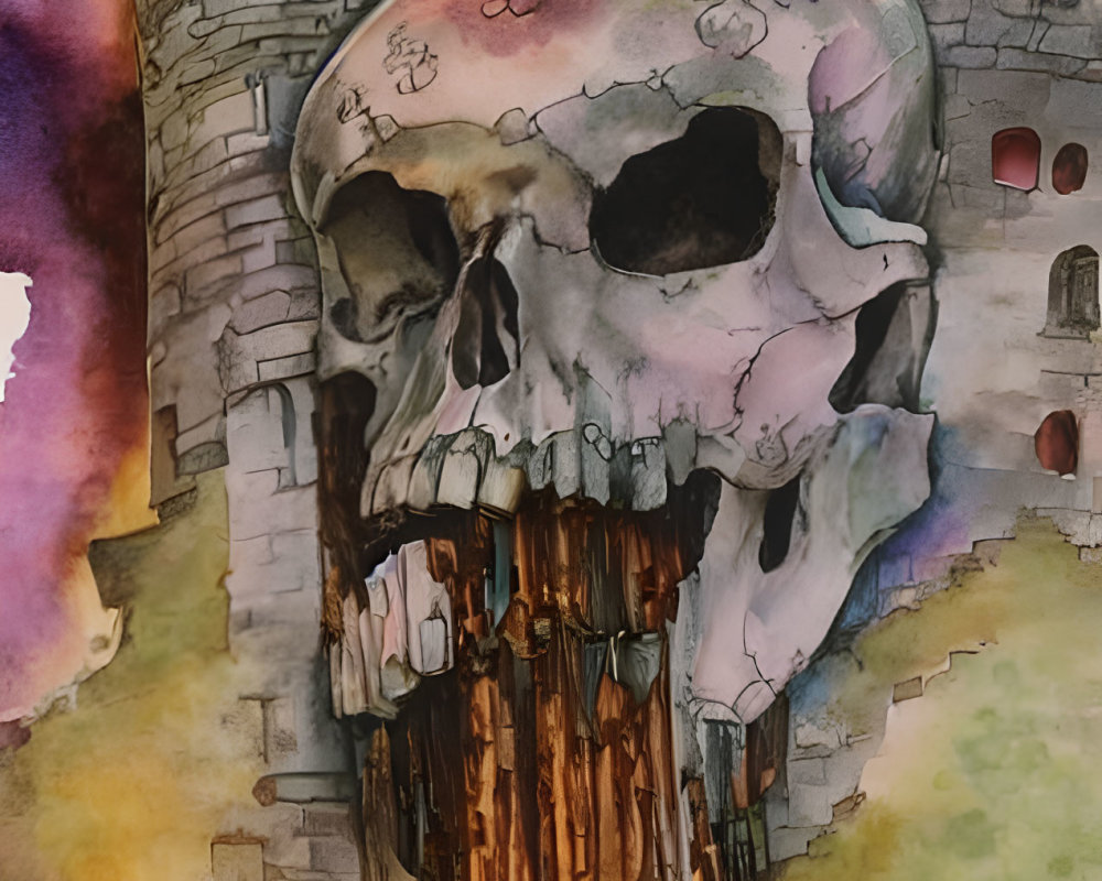 Surreal watercolor artwork: Skull with integrated castle, macabre and ancient themes