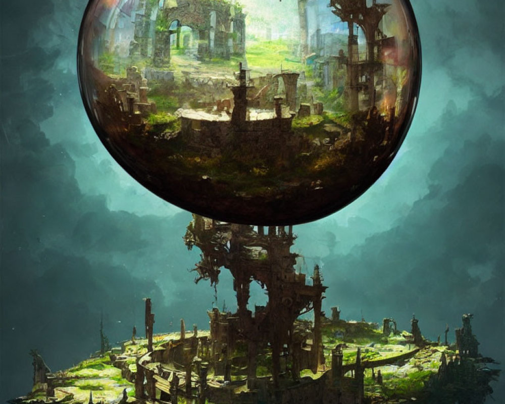 Fantastical crystal sphere above decaying ruins landscape