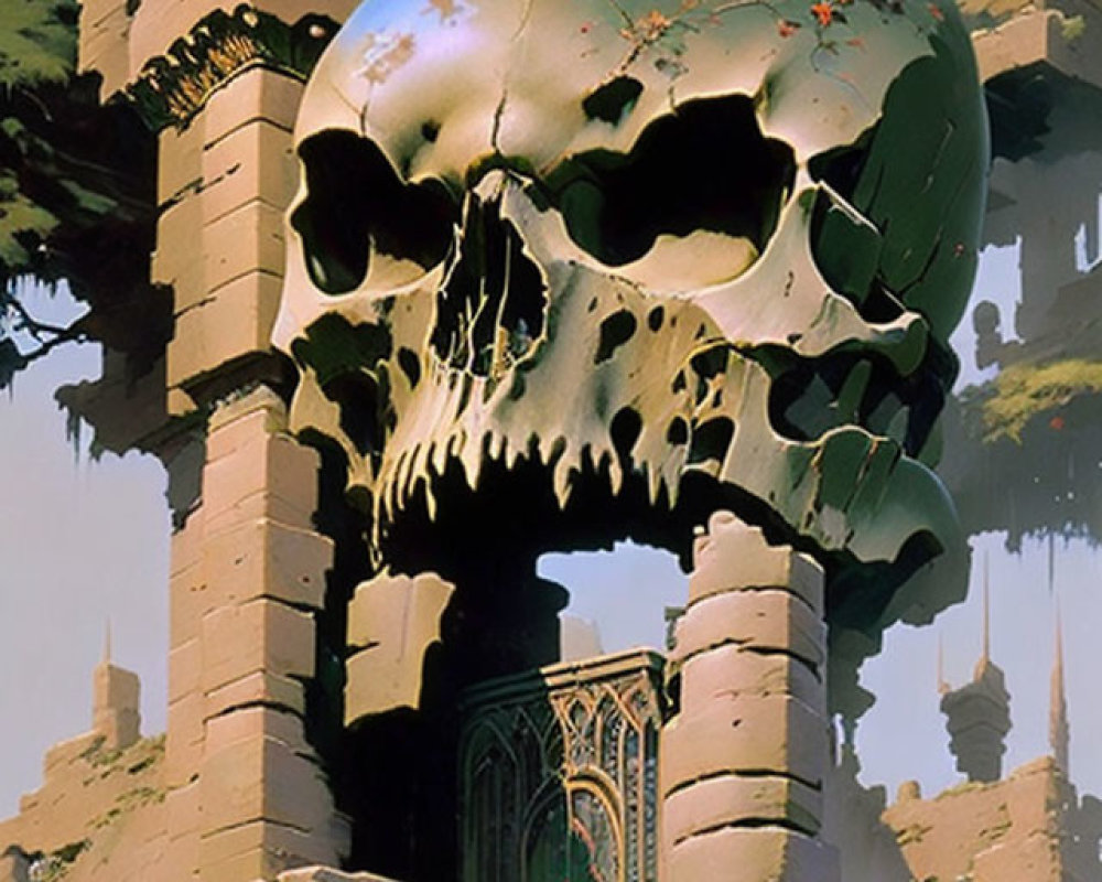 Skull with floral growth in ancient ruins under hazy sky