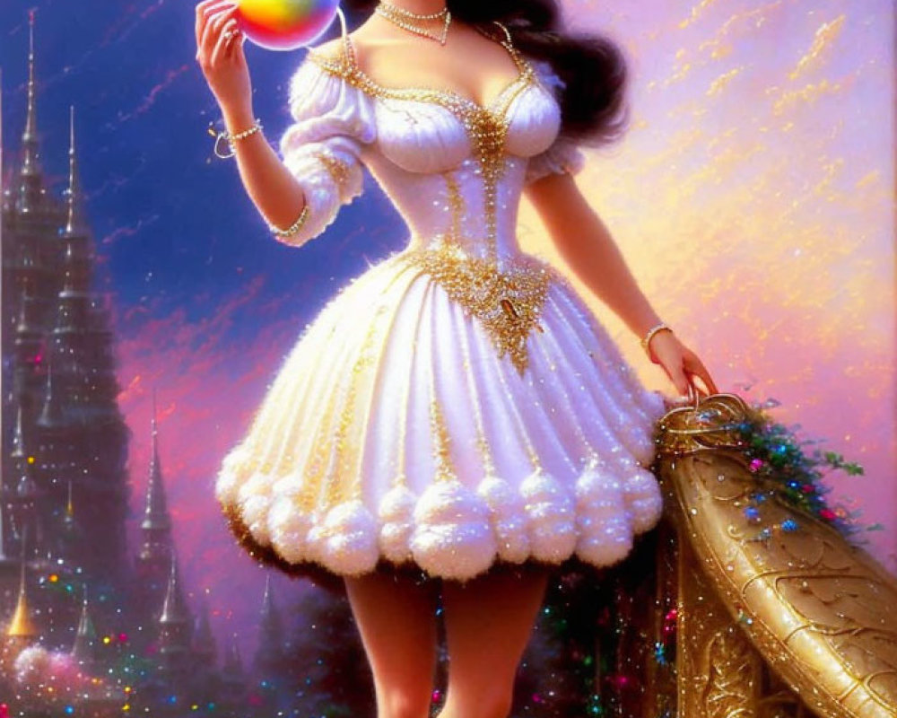 Illustrated woman in white and gold dress with crown holding glowing orb in front of castle background