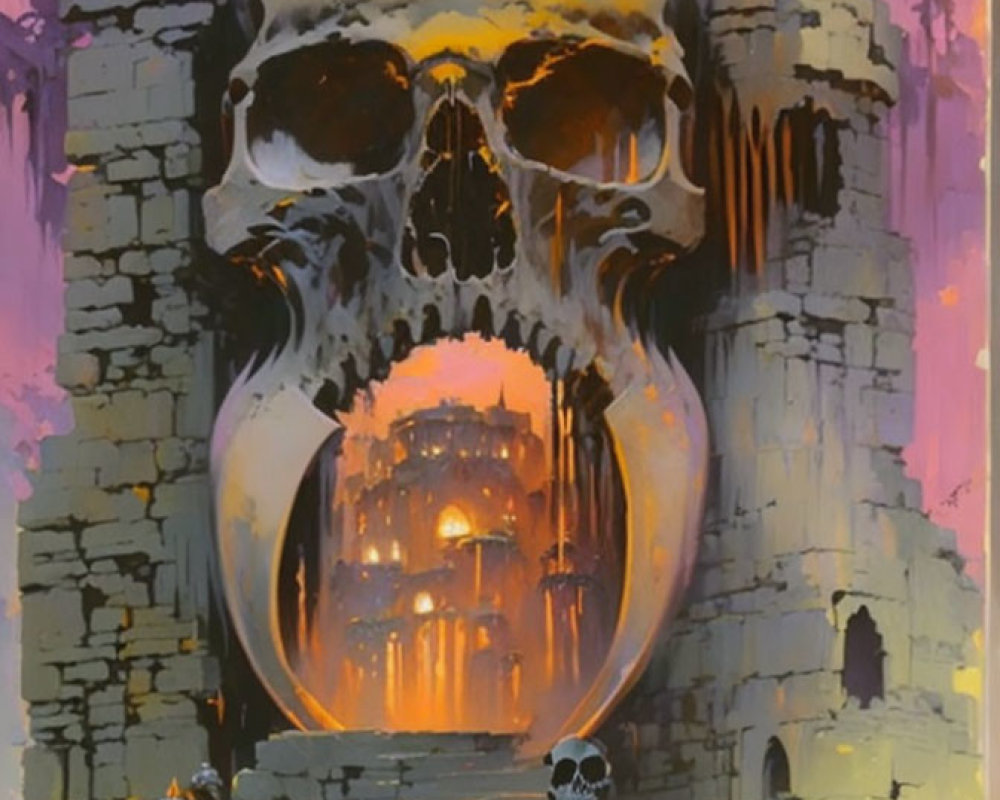 Fantasy illustration of giant skull castle entrance with fiery glow and armored figures