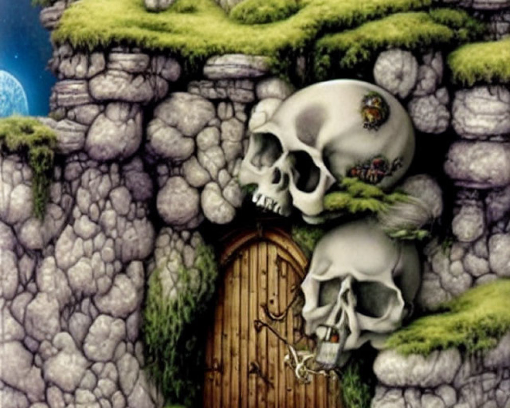 Fantastical illustration of skulls in rocky cliff with wooden door and castle under night sky