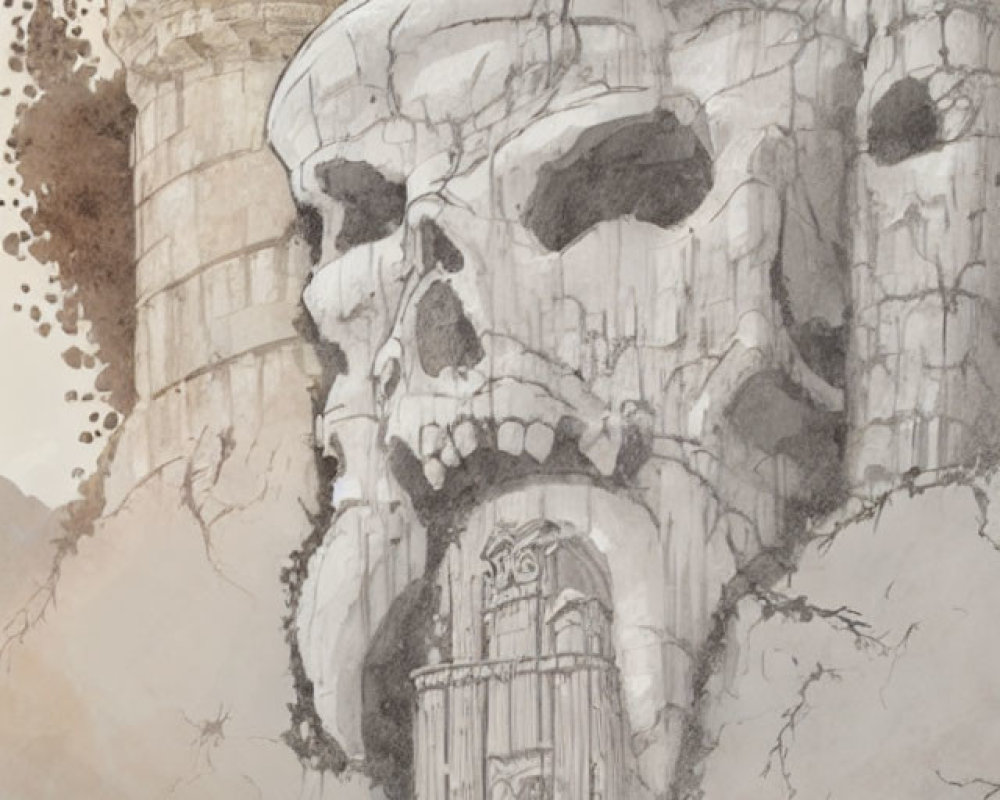 Skull-shaped mountain with door and tower on brown backdrop