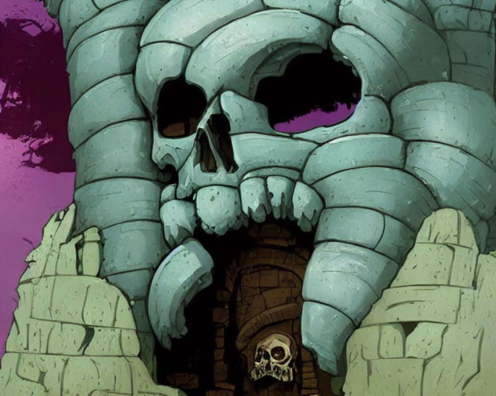 Stone skull entrance with smaller skull in doorway against purple night sky