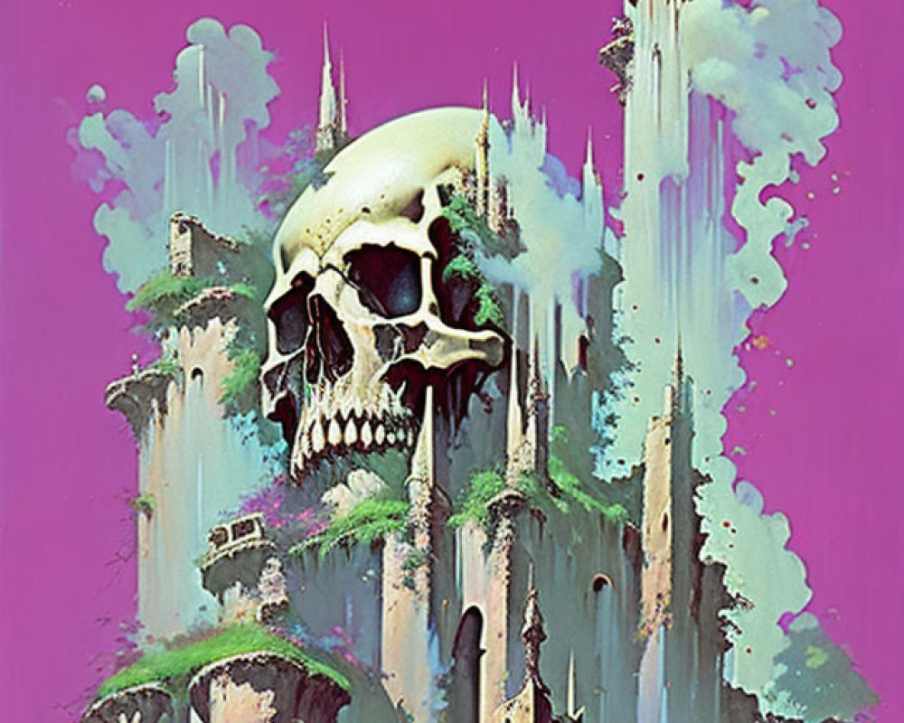 Fantastical painting: Castle merged with giant skull on purple background