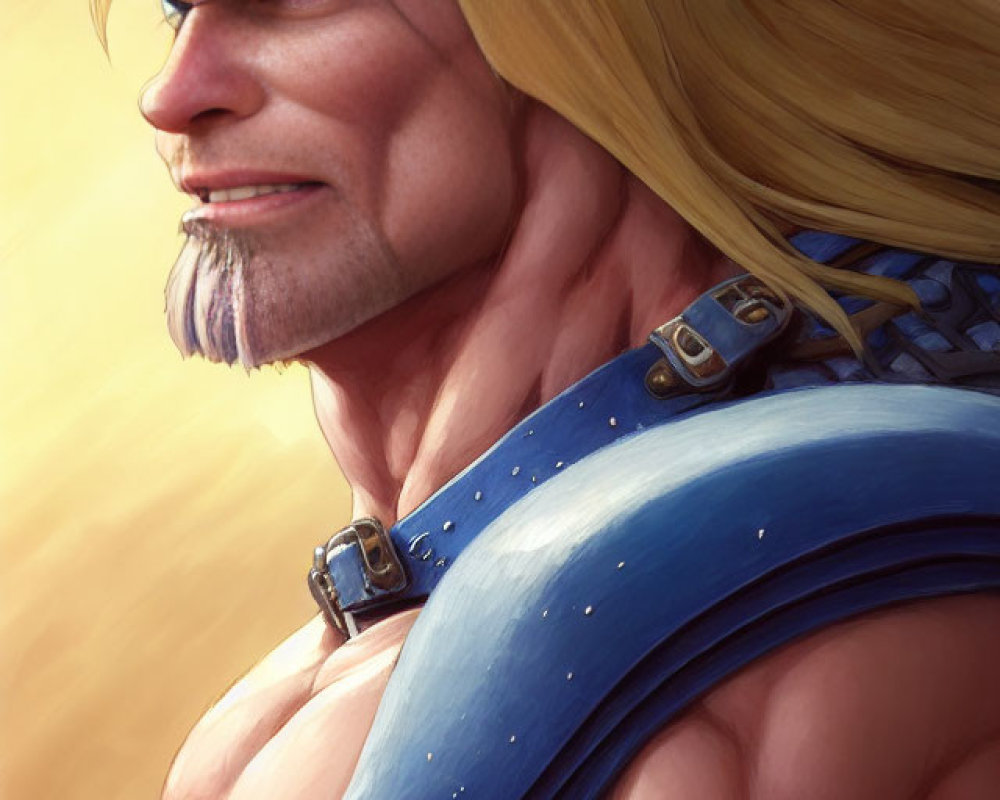 Muscular blond man with blue cape and futuristic headband illustration