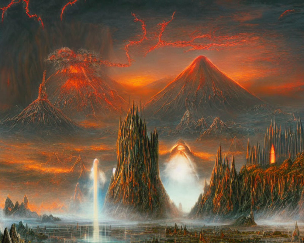 Fantastical volcanic landscape with luminous beings and glowing lava rivers