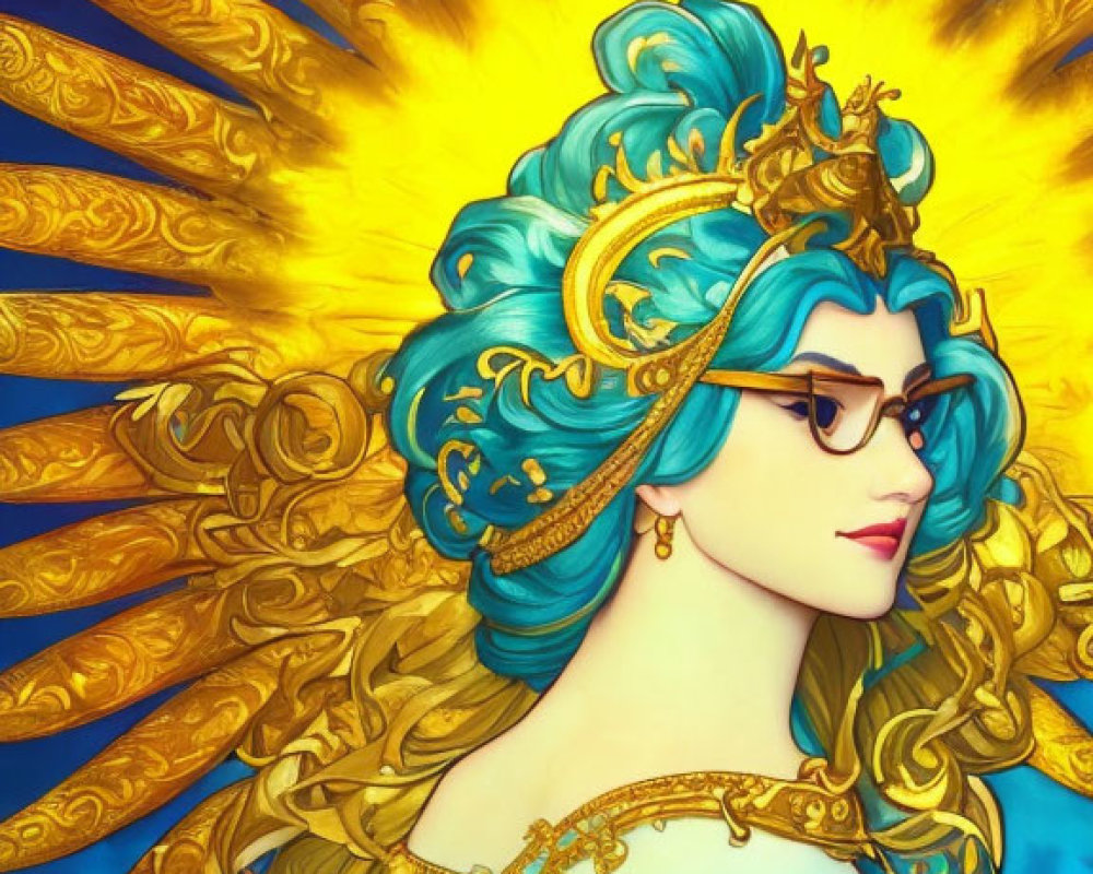 Woman with Golden Wings and Blue Hair Illustration on Vibrant Background