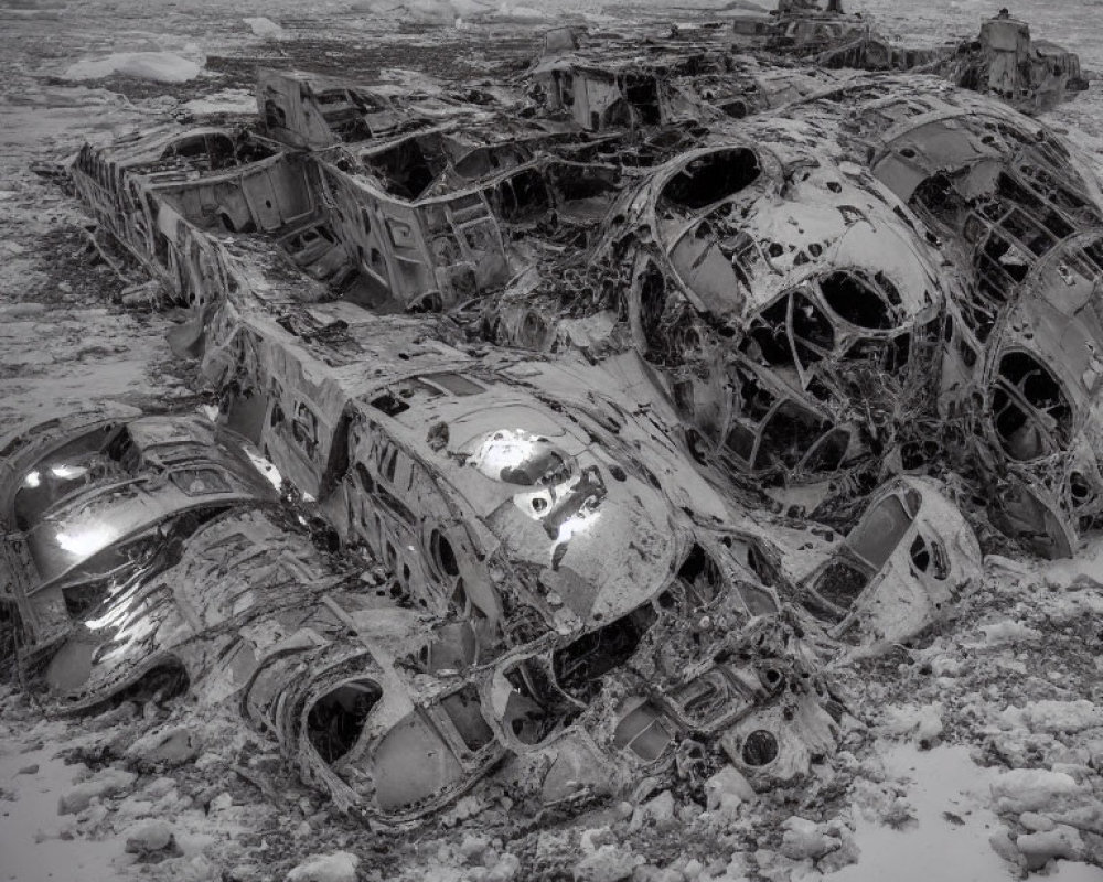 Snow-covered landscape with scattered decayed airplane wreckage