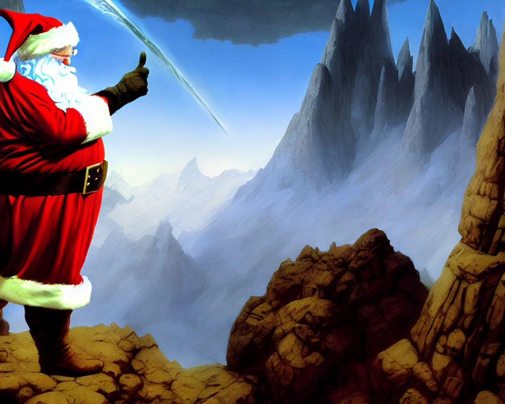 Santa Claus in Red Suit with Sword on Rocky Ledge and Snowy Mountains