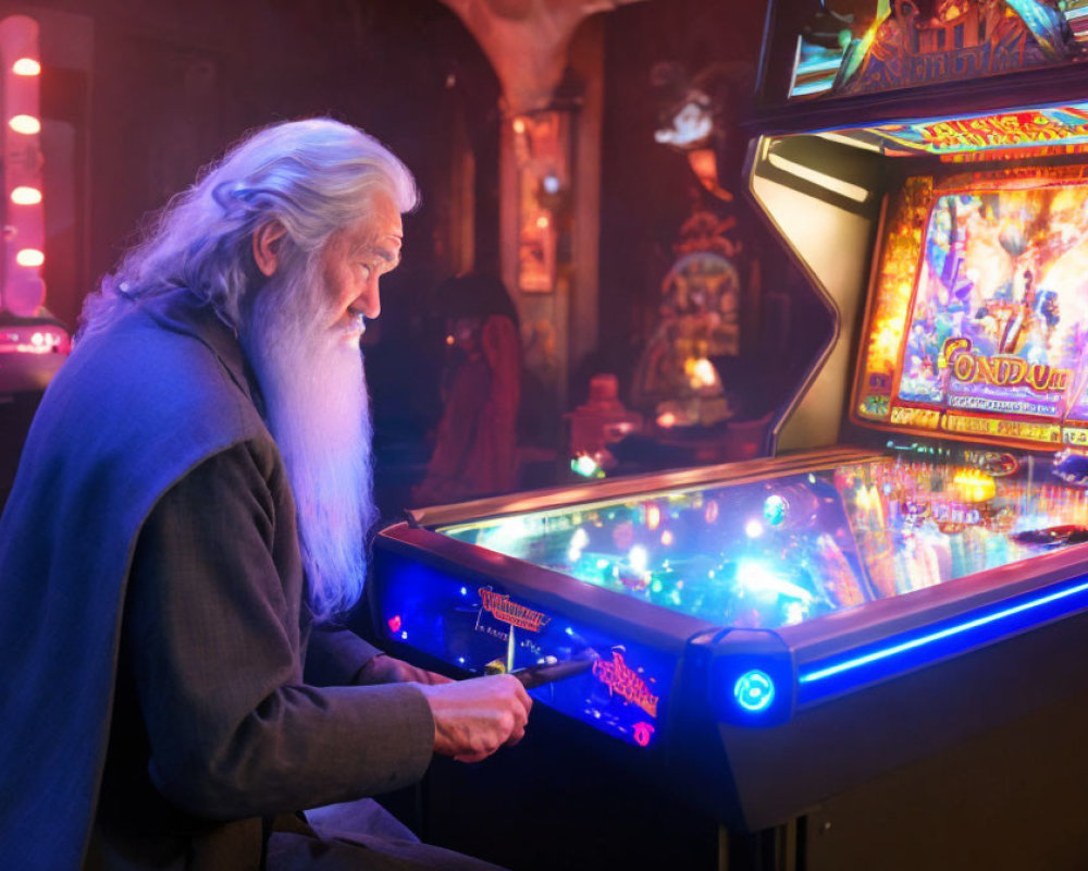 Wizard with long white beard playing pinball under neon lights