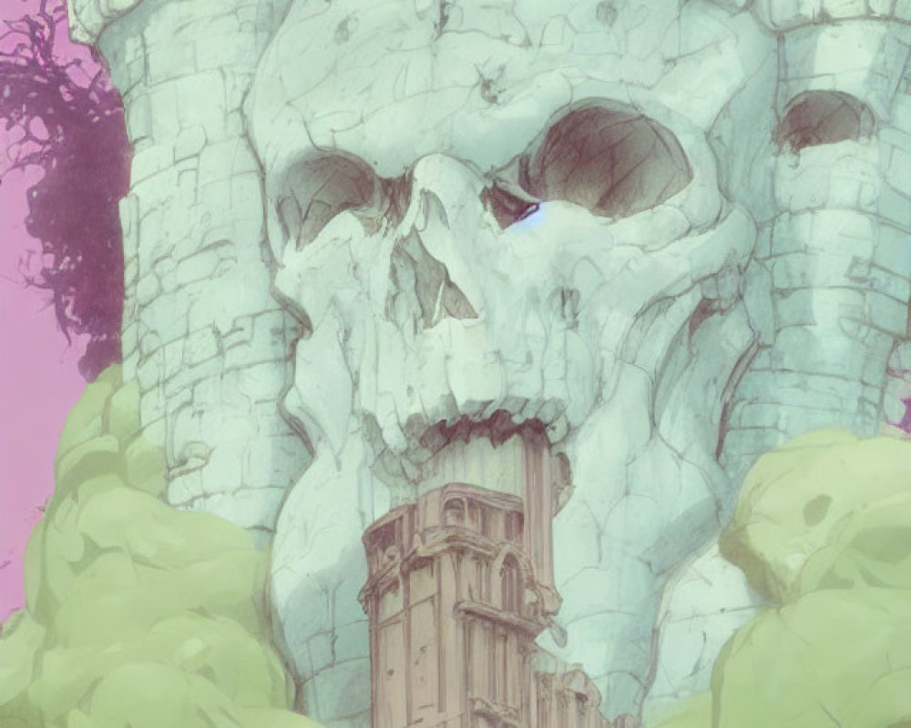 Skull-shaped structure with castle in mouth in pink sky