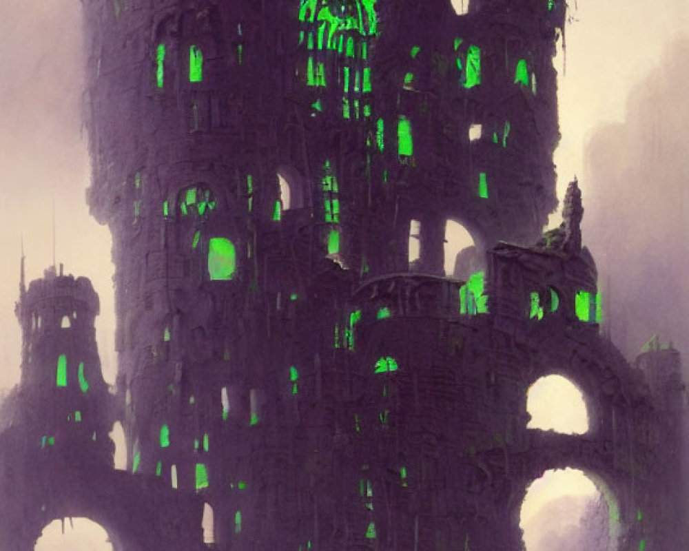 Eerie Green-Lit Ruined Castle with Lone Figure