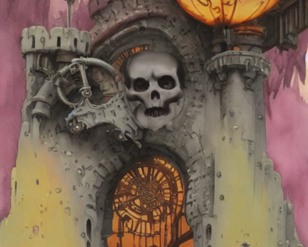 Gothic castle with skull facade, ornate gate, glowing amber orb in dusky purple sky