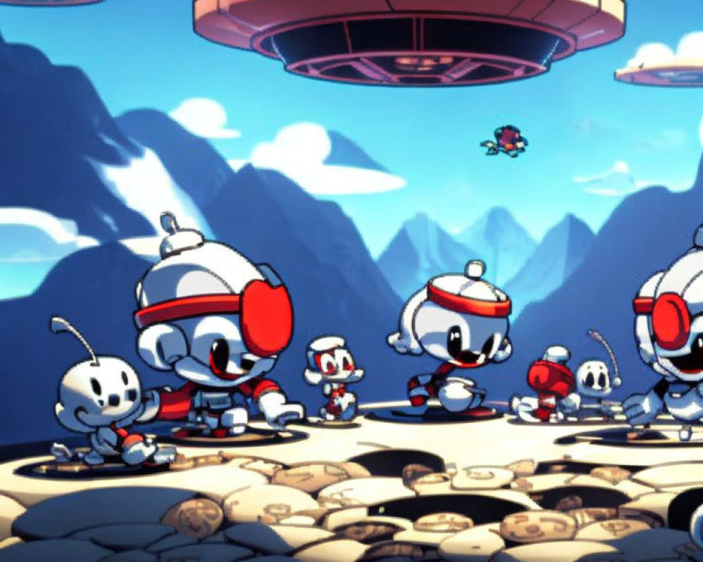 Stylized red and white robot characters in mountain landscape with flying saucer