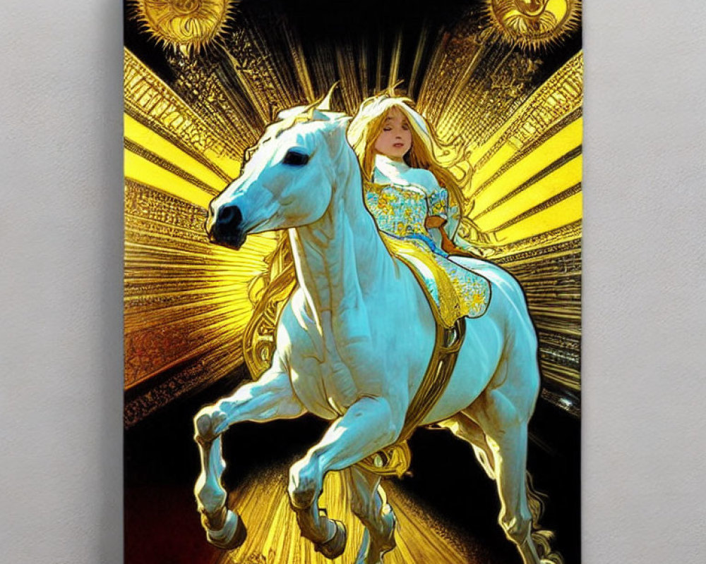 Majestic white horse with blonde woman in blue and gold dress against radiant backdrop