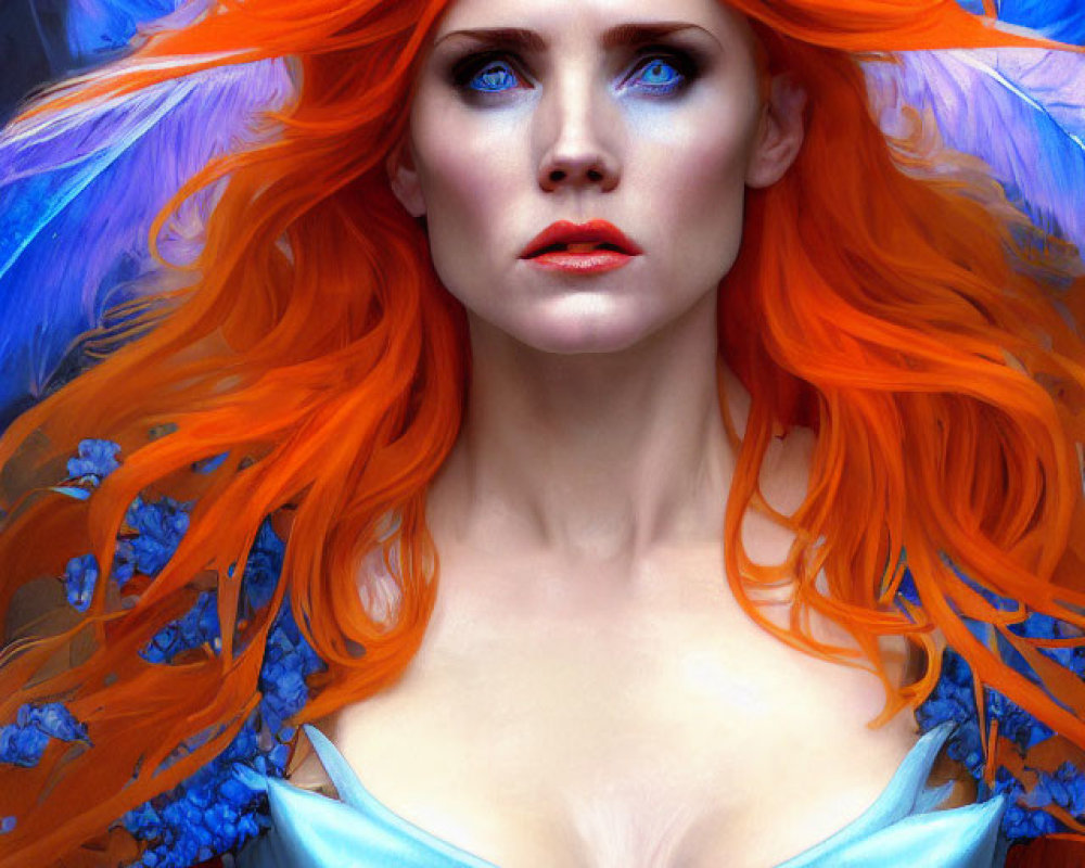 Vibrant orange hair woman with blue feathers on cool backdrop