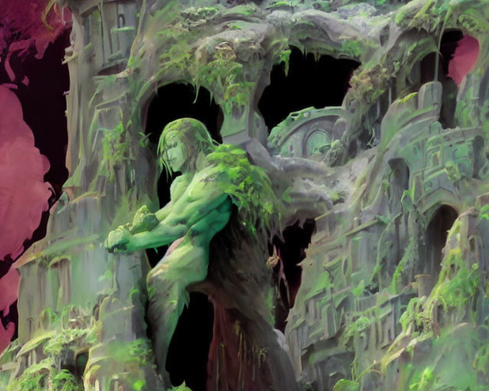 Gigantic green statue in ancient ruin under colorful sky