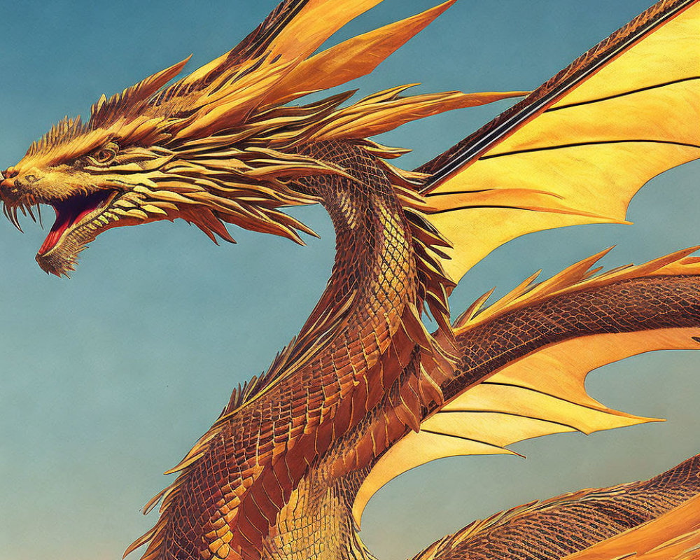 Detailed Illustration: Majestic Golden Dragon with Scales and Outstretched Wings on Blue Sky