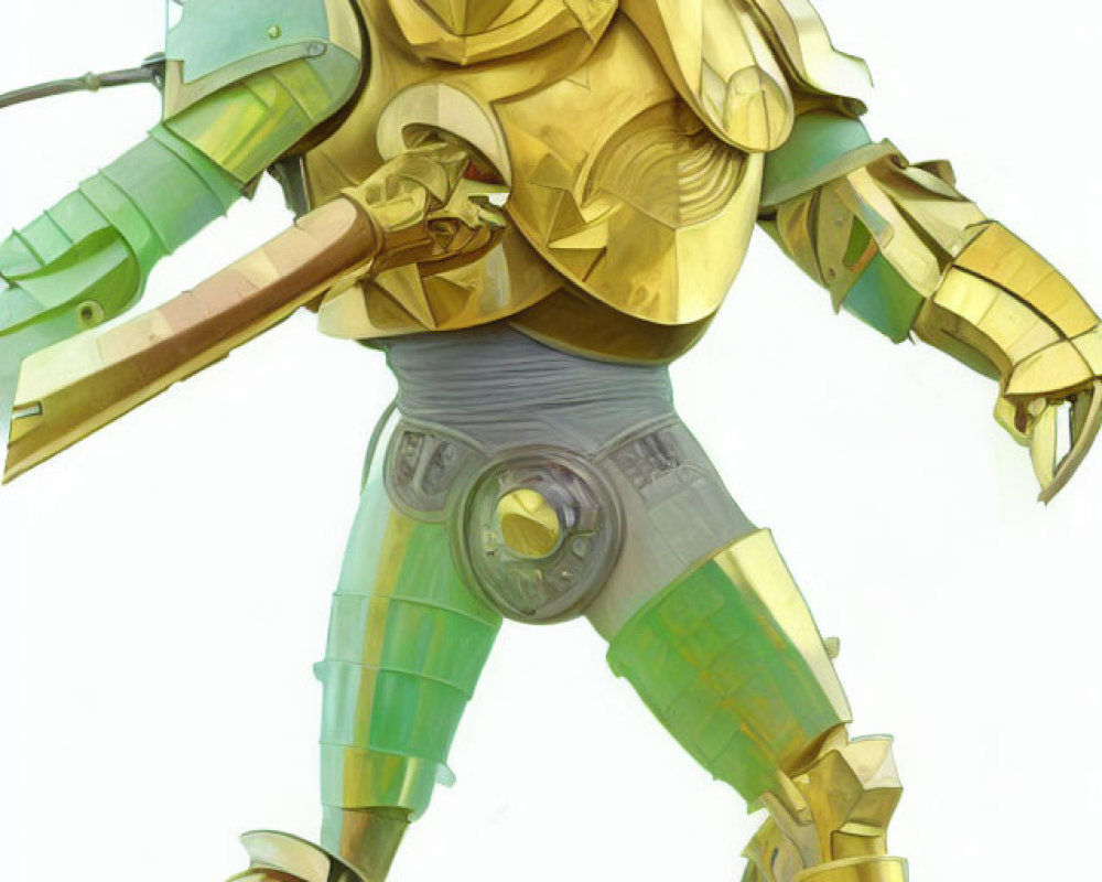 Man with Mustache in Green and Yellow Robotic Exoskeleton Suit Pose