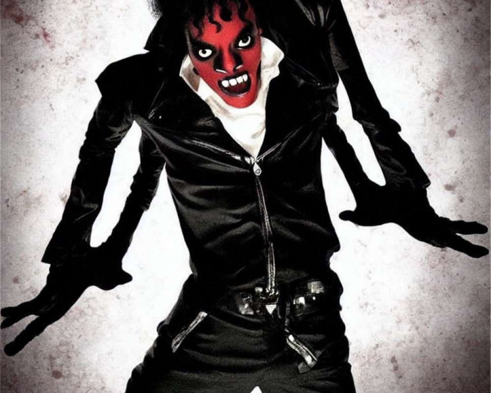 Menacing figure in black leather with red eyes and werewolf makeup on blood-splattered backdrop