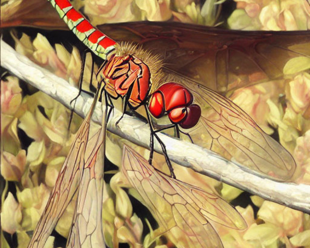 Colorful Dragonfly Perched on Twig with Yellow-Green Foliage