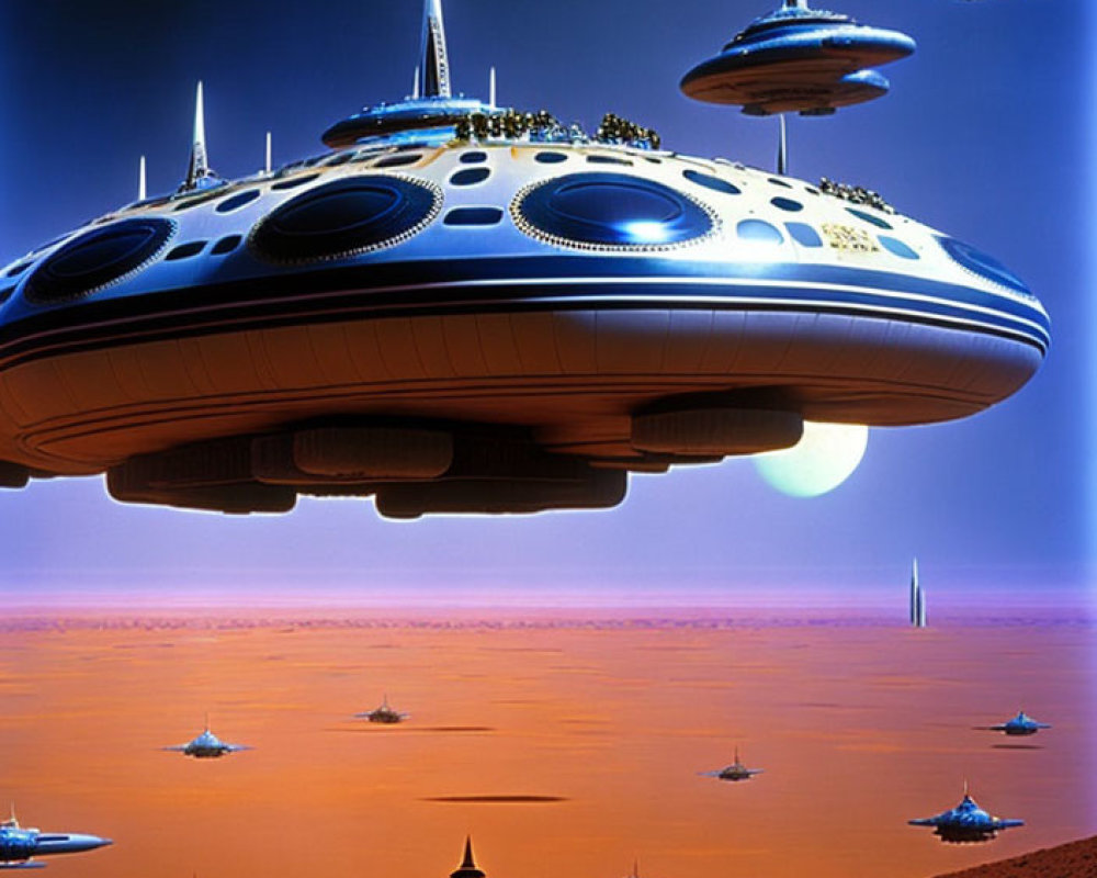 Futuristic spacecraft over red desert with alien planet and moon