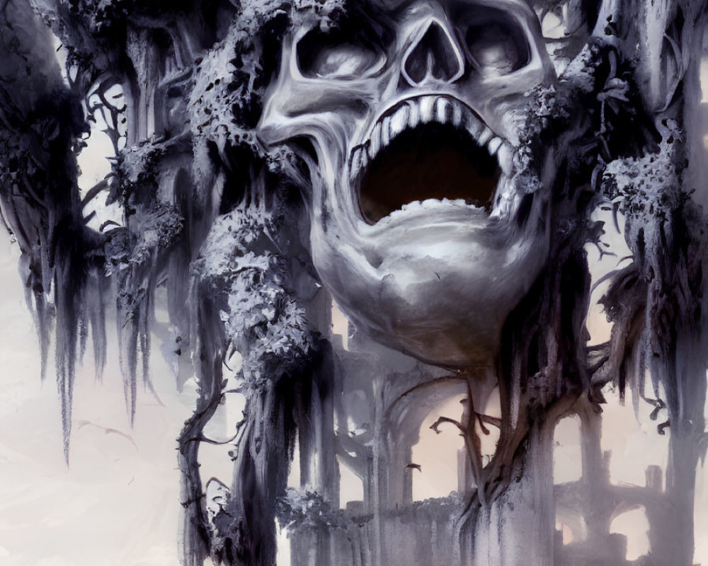 Surreal landscape featuring giant skull, trees, castle, moss, and vines