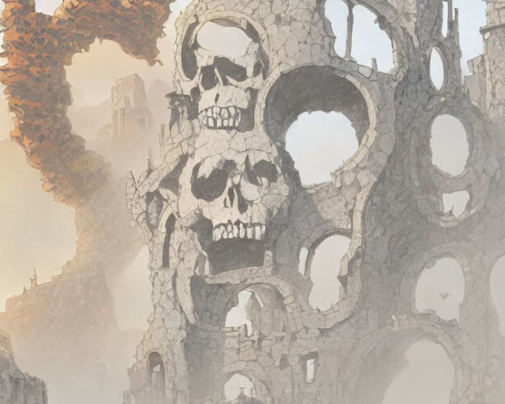 Fantastical skull-shaped ruins in misty amber sky