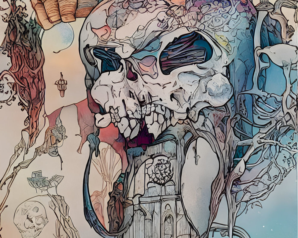 Colorful surreal art: Oversized skull with vines, foliage, intricate details, and smaller skulls in