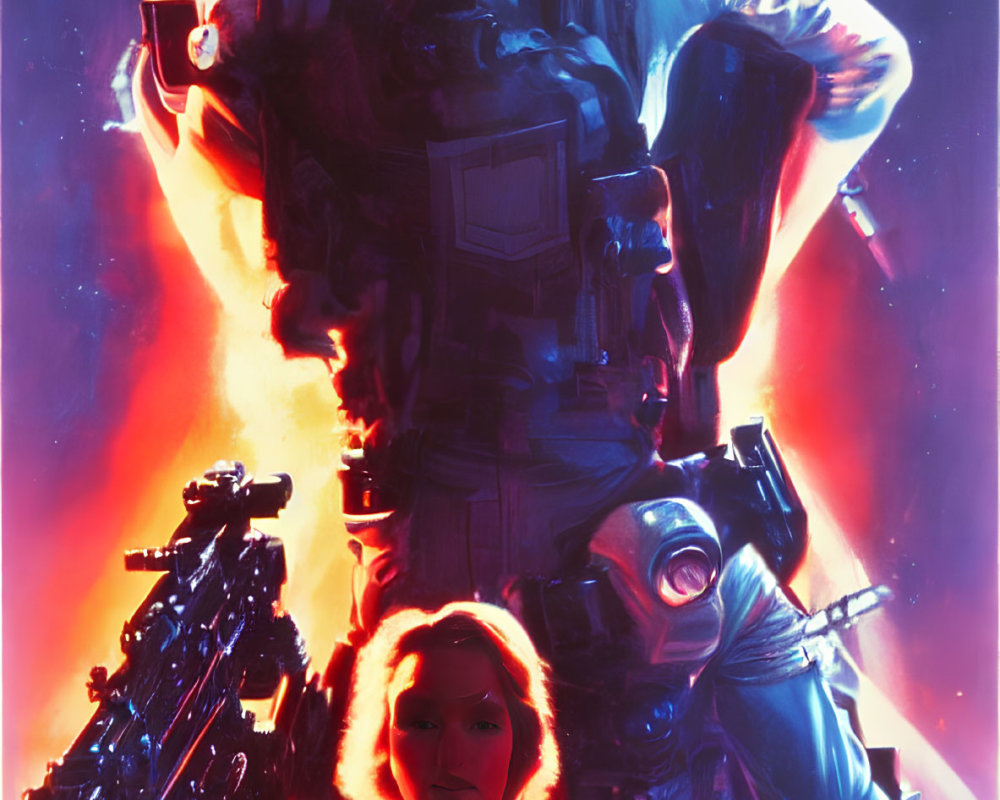 Sci-Fi Poster: Two Armed Characters in Futuristic Armor Against Cosmic Backdrop