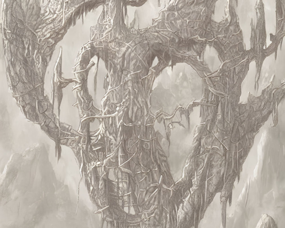 Monochromatic artwork of colossal, intricate tree in rocky terrain