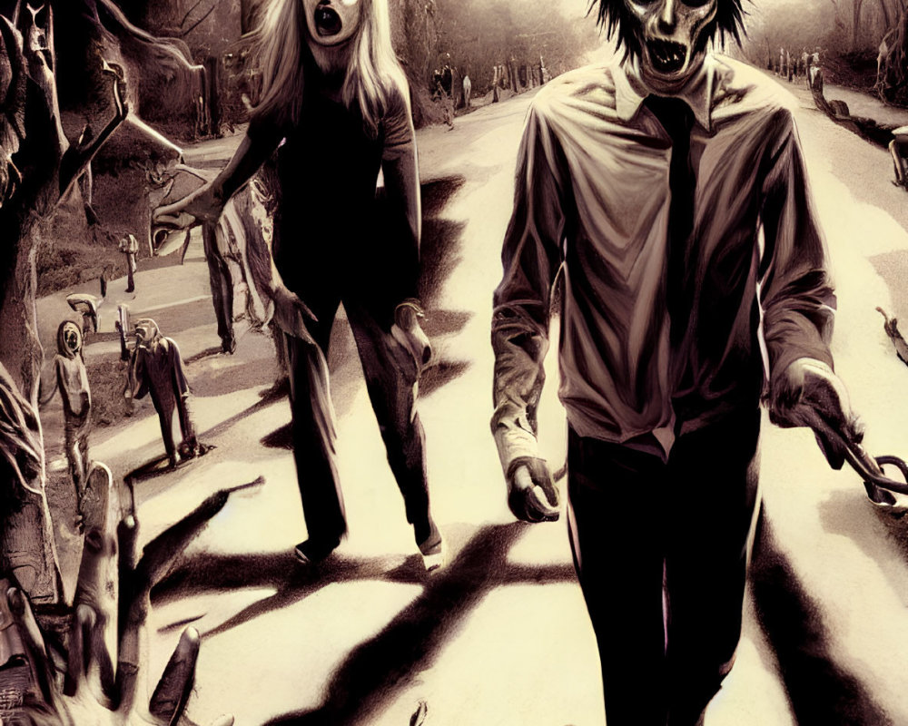 Illustration of grotesque zombies in dark graveyard setting